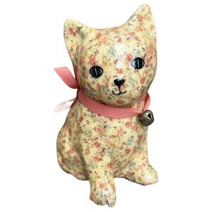 Vtg DECOUPAGE Ceramic CAT Kitten Kitty Floral Cream Fabric Pink Ribbon Bell 6" T